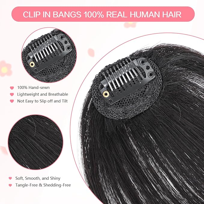 Clip in Bangs 100% Real Human Hair, Wispy Bangs Hair Clip, Fake Bang Fringe with Temples Hairpieces for Women Daily Wear (Natural Black, Wispy Bangs)