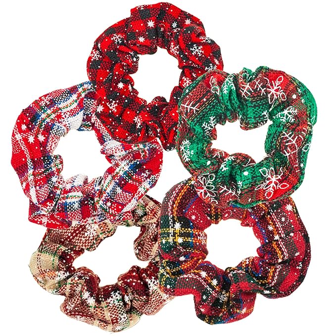 LOOKSEVEN Scrunchies, 5PCS Bandana Scrunchy Hair Ties, Christmas Styles Hair Scrunchies for Women. (Christmas, Cotton, 1 Count, Curly, Unisex, All Ages, 5 Pieces)