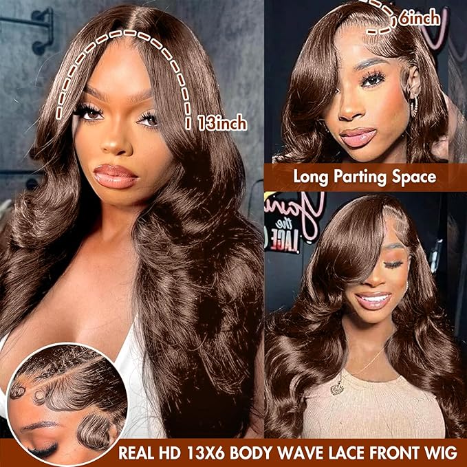 250 Density 13x6 FULL Real SKINLIKE HD lace front wigs Human Hair Chocolate Brown Pre Plucked 0.10mm Ultra-thin Invisible HD Lace Front Wigs Human Hair Small Knots Body Wave Full Virgin Hair 30 Inch