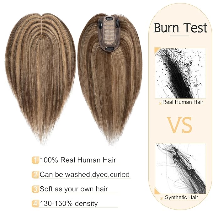 SEGO Human Hair Toppers for Women With Thinning Hair, 7 * 13CM Silk Base 100% Real Human Hair Clip in Top Wiglet Hairpieces -10 Inch No Bangs 4P27 Medium Brown&Dark Blonde