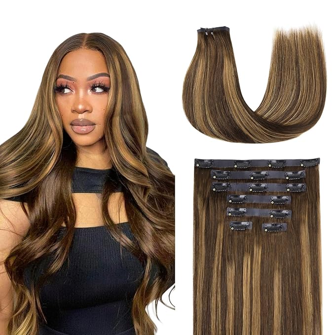 Lashey Seamless Clip in Hair Extensions Human Hair, 18 Inch 110g 7pcs Straight Balayage Chocolate Brown to Honey Blonde with Brown Root Highlight Clip in Hair Extensions for Women
