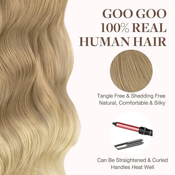 GOO GOO Tape in Hair Extensions Human Hair, O18G/22G(L) Golden Beige Blonde with Ash Highlights, 18inch 50g 20pcs, Skin Weft Seamless Invisible, Silky Straight with Thick Ends, Remy Human Hair