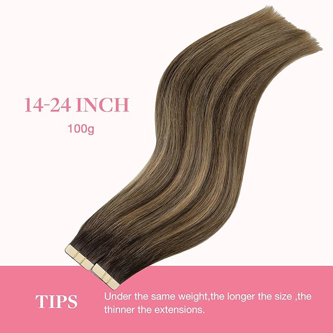 GOO GOO Tape in Hair Extensions Human Hair, 4D/14/5B Brunette Balayage, 14inch 100g 40pcs, Skin Weft Seamless Invisible, Silky Straight with Thick Ends, Remy Human Hair