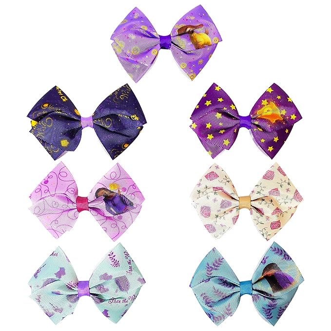 Disney Wish Kids Hair Bows - Hair Accessories Set - 7 Pcs 4 Inch Bow Bundle - Hair Bows for Girls - Different print on each clip - Alligator Clip - Ages 3+