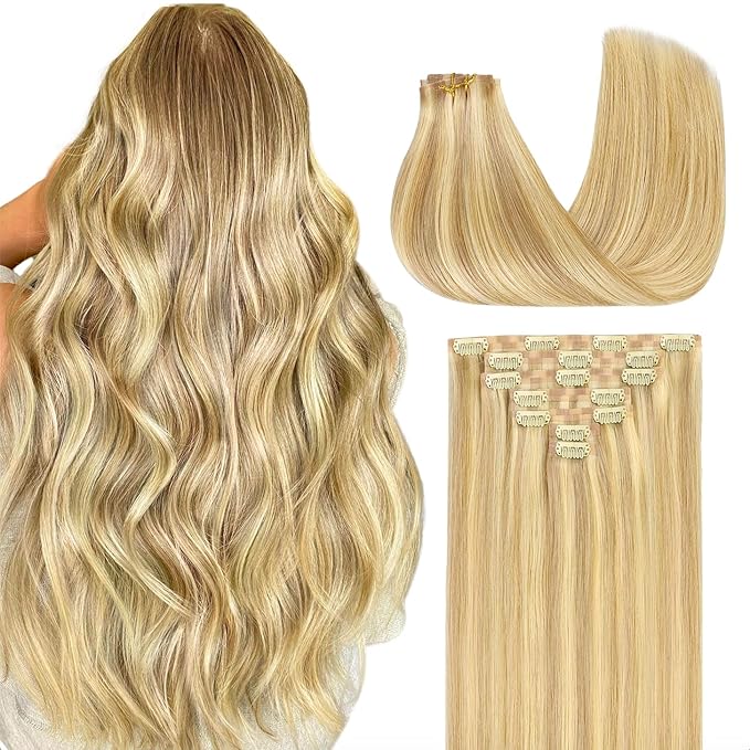 GOO GOO Clip in Hair Extensions Real Human Hair, Remy Human Hair Extensions Clip ins for Women, Natural Human Hair, 24inch 140g 7Pcs, #18D/22F Dirty Blonde Highlights