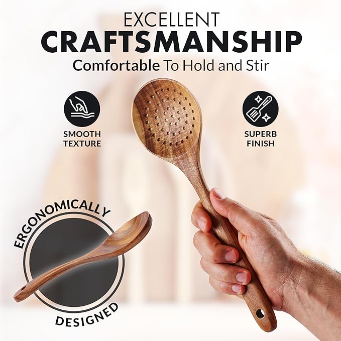 Zulay Kitchen 30-Piece Teak Wooden Utensils - Natural Teak Cooking Utensils with Premium Gift Box - Non-Stick Wooden Spoons - Kitchen Gift Set - Comfortable Grip