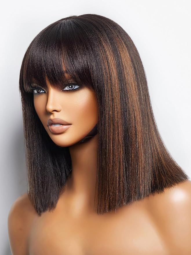 LUVME HAIR 12 Inch Yaki Straight Bob Wig with Bangs Human Hair Glueless HD Lace Bob Wig with Brown Highlights, Ready to Go Short Wigs For Women 180 Density Breathable Cap