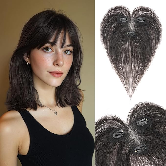 Hair Topper Human Hair Curtain Air Bangs Topper for Women,3.54x4.92 T-part Lace Base Real Human Hair Topper Hair Piece for Daily Wear(Air Bangs,Natural Black)