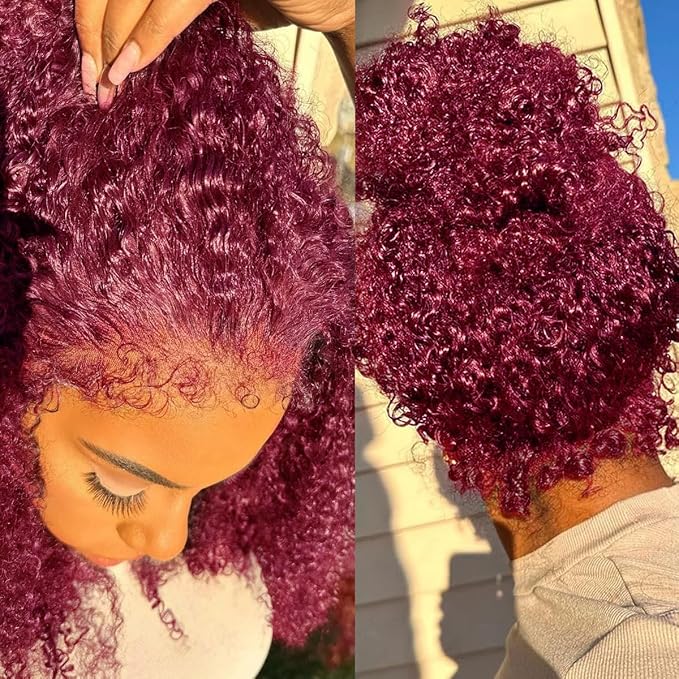 Burgundy Wig Human Hair Deep Wave, Hidden Strap 360 Lace Front Wigs Human Hair Draw String Invisible Strap Pre Plucked Pre Cut Glueless, 99J Burgundy Curly Wig Human Hair for Women (28inch)