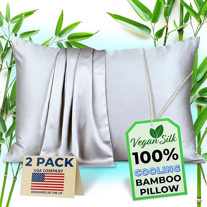 Pillow Cases - 100% Viscose Derived from Bamboo - Cooling Pillowcase - Standard Size, Gray, Set of 2 Zippered - for Hot Sleepers - Soft Pillow Covers - by Vegan Silk