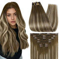 Full Shine Balayage Brown Hair Extensions Real Human Hair Clip ins Chestnut Brown Ombre Blonde Short Clip in Hair Extensions Seamless Human Hair Clip in Extensions for Women 14 Inch 7 Pcs 120 G