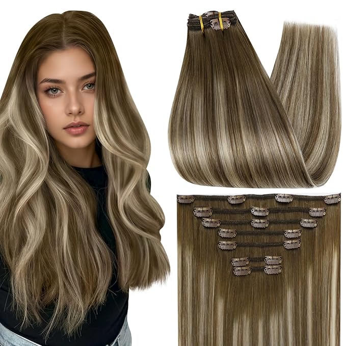 Full Shine Clip in Hair Extensions Ombre 20 Inch Chestnut Brown to Platinum Blonde Real Human Hair Extensions Clip ins Double Weft Clip in Extensions Remy Hair 7 Pcs 120 G