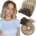 Moresoo Clip in Hair Extensions Remy Double Weft Human Hair Clip in Extensions Balayage Straight Hair Extensions for Women Ombre Brown to Light Brown with Blonde 5pcs 80g 12inch