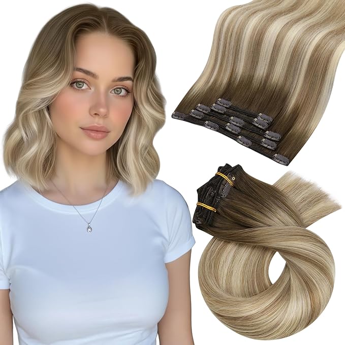Moresoo Human Hair Clip in Extensions Ombre Cool Brown to Medium Blonde with Light Brown Clip in Hair Extensions Short Real Human Hair Clip ins Double Weft 80g/5pcs 14 inch