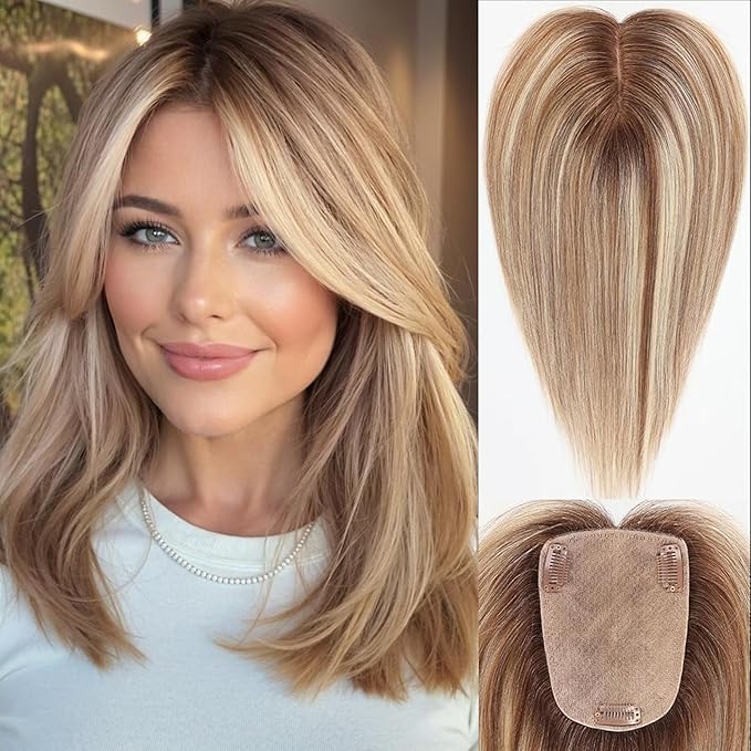 starluck Human Hair Toppers for Women Real Human Hair No Bangs 4 * 5.5 inch Base 12 inch SilkHug Hair Topper for Women Cover Grey Roots(Brown with Blonde Highlight)