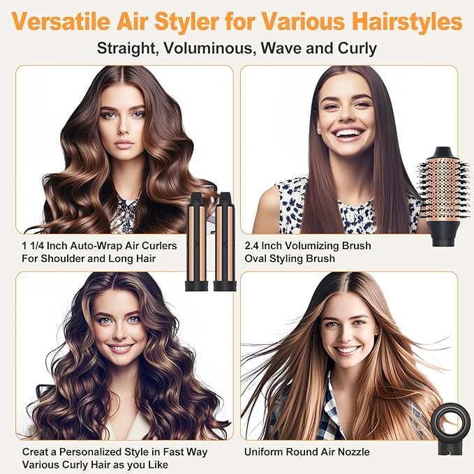 Air Styler Hair Dryer Brush - 110,000 RPM Flexible Hair Styler for Fast Drying/Rotating Curling/Volumizing/Straightening, Auto Wrap Curlers, High-Speed Oval Blow Brush Hair Dryer (Black-Brass)