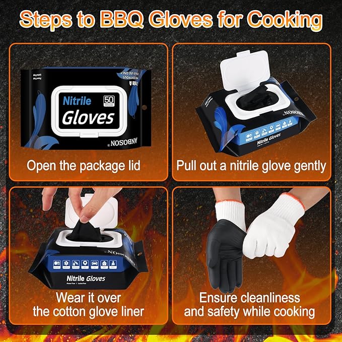 50 Disposable Black Nitrile Gloves, Heat Resistant Gloves for Cooking/BBQ/Cleaning, Powder Latex Frees Meat Food Prep Grilling Smoking Guantes - Large
