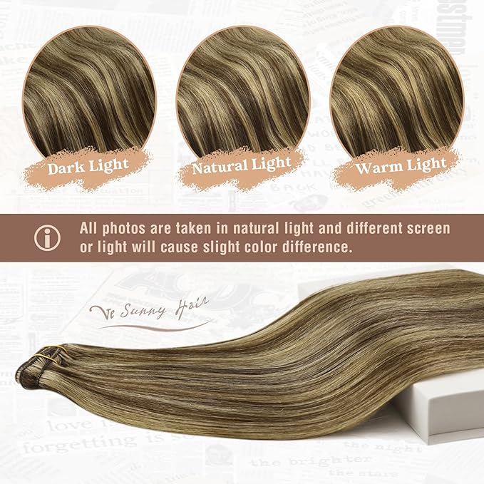 Ve Sunny Human Hair Clip in Extensions Brown Highlights Clip in Hair Extensions Real Human Hair Brown with Blonde Thick End Remy Hair Clip Extensions for Women 120g 16inch 7Pcs