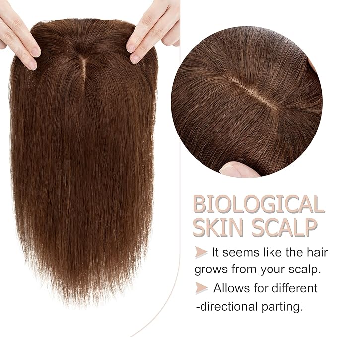 Hair Toppers for Women Real Human Hair With Bangs, 13 * 15 cm Larger Silk Base 150% Density Clip In Topper Hairpieces, Wiglet Top Pieces Add Volume -10 Inch 04 Medium Brown
