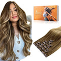 DOORES Hair Extensions Clip in Human Hair, Medium Brown Highlighted Dirty Blonde 14 Inch 7pcs 100g, Real Extensions Clip in Remy Straight Balayage Natural Thick Weft
