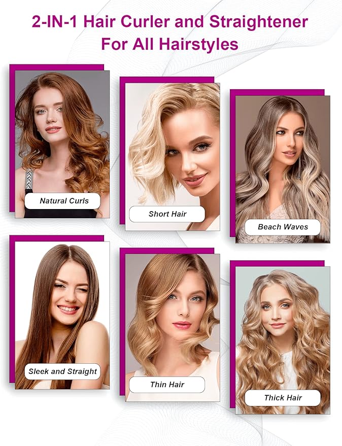 LANDOT 2-in-1 Hair Straightener & Curling Iron - Create Salon Waves, Curls & Straight Styles at Home | Floating Plates, Anti-Frizz & Tangle-Free | Dual Voltage, Temp 250-450°F for All Hair Types