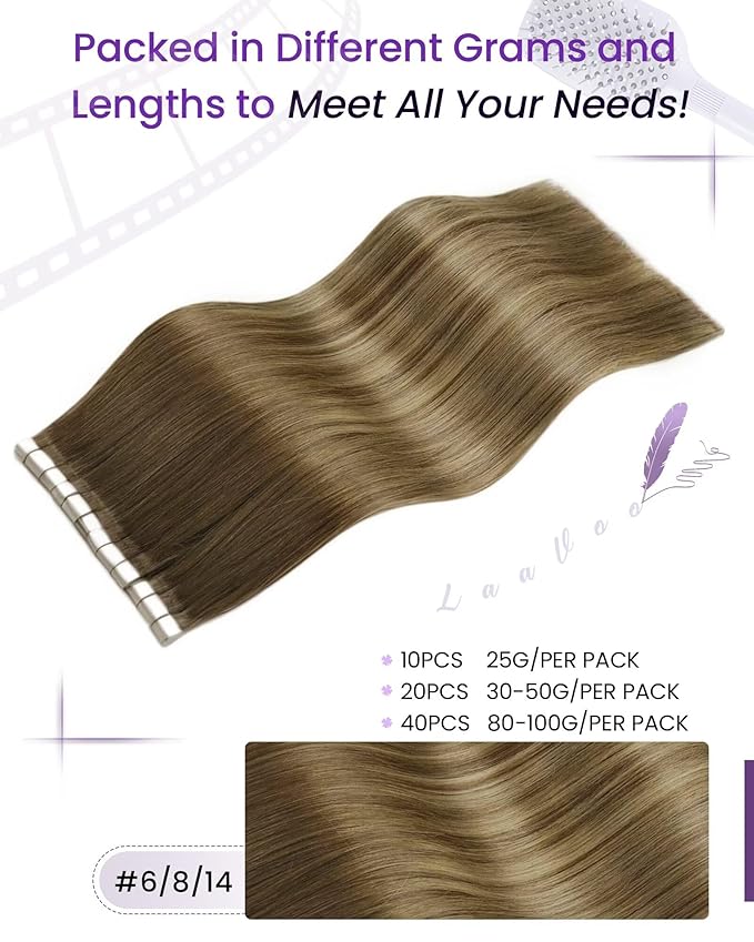 LaaVoo Tape in Extensions Human Hair Balayage Tapes on Hair Extensions Light Brown to Golden Brown Hair Extension Tapes in Real Human Hair 24inch 50g 20pcs