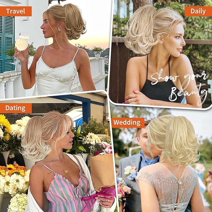 KooKaStyle Ponytail Extension, 10" Short Claw Clip in Pony Tails Hair Extensions Curly Wavy Synthetic Drawstring Hairpieces for Women(Light Blonde Brown)