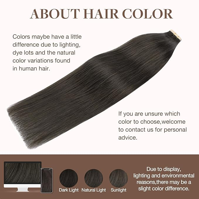GOO GOO Tape in Hair Extensions Human Hair, 1C Mocha Brown, 18inch 25g 10pcs, Skin Weft Seamless Invisible, Silky Straight with Thick Ends, Remy Human Hair