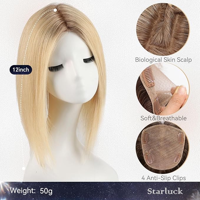 starluck Hair Toppers for Women Real Human Hair, 5"*5.5"Large Coverage Ombre Light Blonde HairTopper No Bangs,100% Real Human HairToppers for Women with ThinningHair,Cover Gray Roots