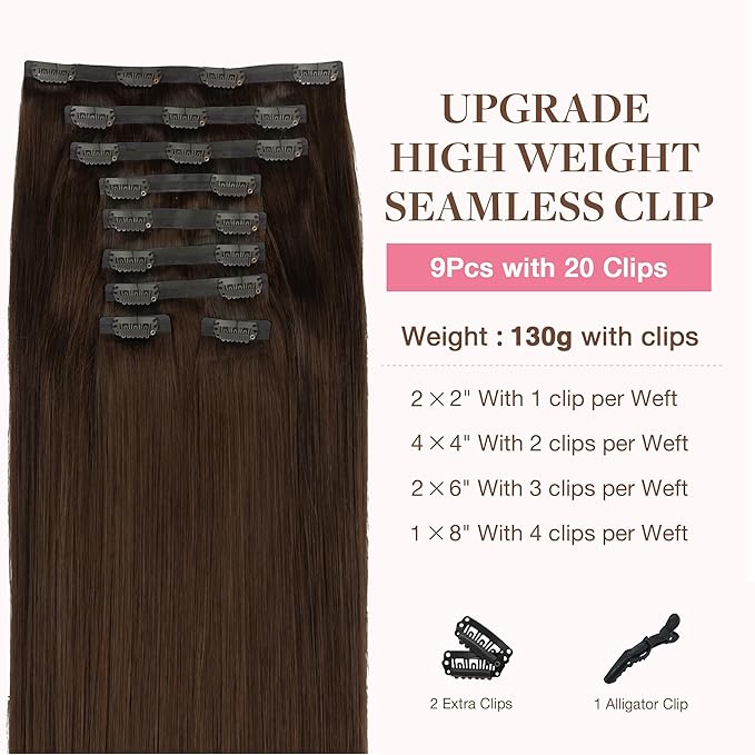 GOO GOO Clip in Hair Extensions Real Human Hair, Remy Human Hair Extensions Clip ins for Women, Natural Human Hair, 16inch 160g 9Pcs, #4A Chocolate Brown