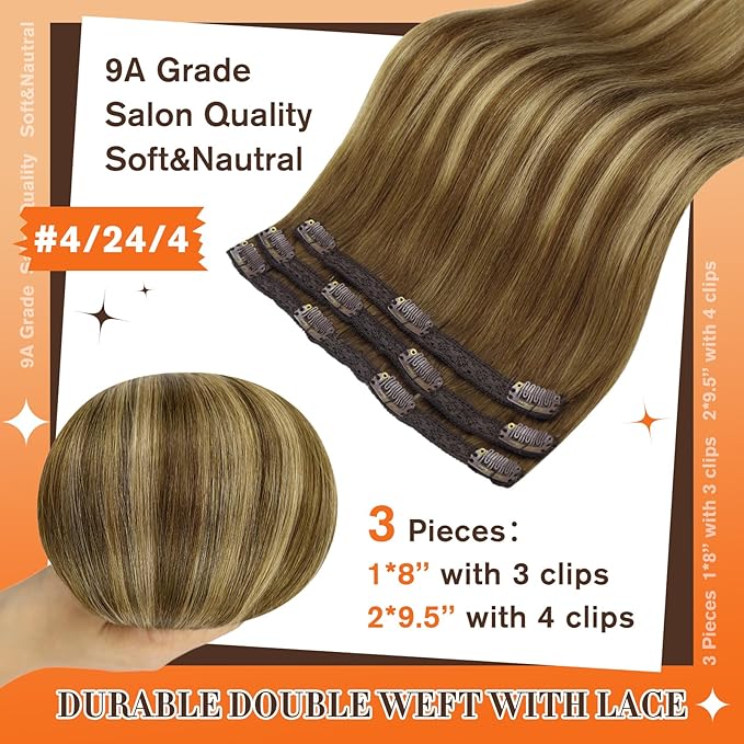 Full Shine Seamless Hair Extensions Clip in 20 Inch Ombre Brown and Medium Brown Highlight Blonde Hair Extension Clip ins Long Silky Straight Hair 60 Grams 3 PCS