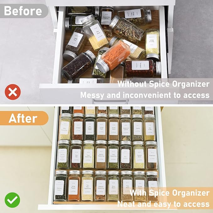 Spice Drawer Organizer with 28 Spice Jars,216 Labels,25 Non-slip Rubber, Bamboo 4 Tier Seasoning Rack Tray Insert for Kitchen Drawers,Cabinets,Countertop,14.6" Wide x 15.8" Deep