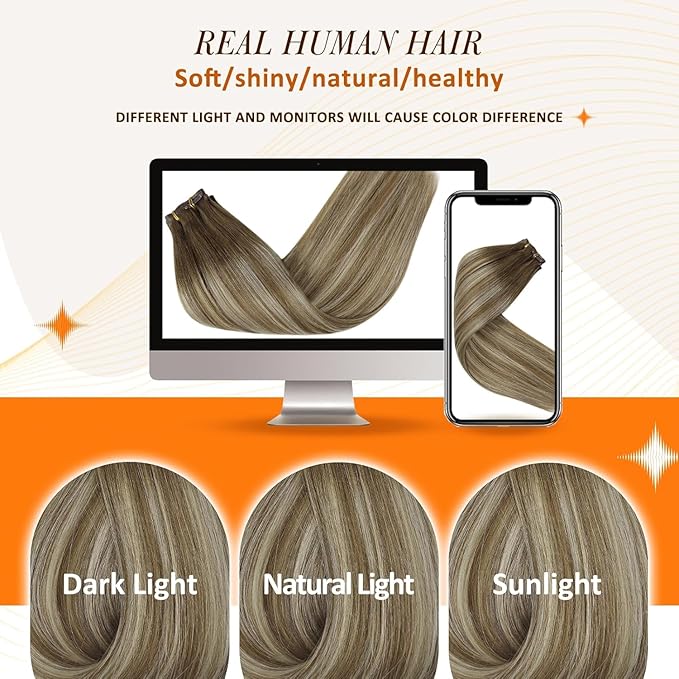 Full Shine Balayage Clip in Hair Extensions Real Human Hair Chestnut Brown to Platinum Blonde Hair Extensions Clip ins with PU Weft for Women 20 Inch 120 G 8 PCS