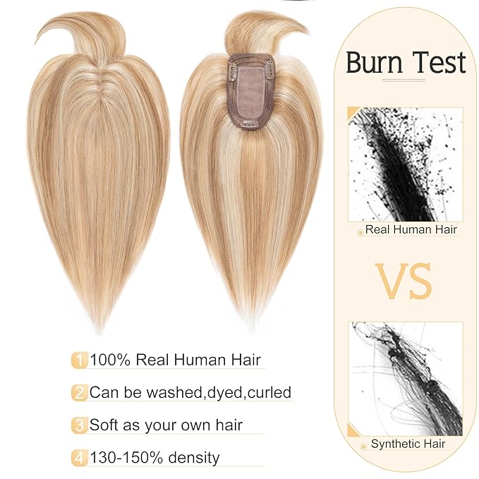 SEGO Hair Toppers for Women Real Human Hair With Bangs, 7 * 13CM Silk Base 100% Remy Human Hair Clip in Top Wiglet Hairpieces Add Volume /18 Inch Golden Brown&Bleach Blonde