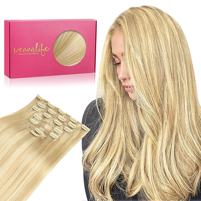 WENNALIFE Clip in Hair Extensions Real Human Hair, 22 Inch 160g 7pcs Light Blonde Highlighted Golden Blonde Remy Hair Straight Natural Extensiones De Cabello Humano Con Clip Ins