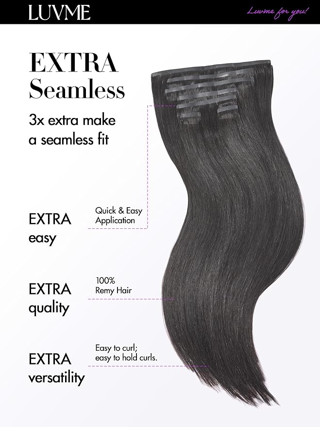 LUVME Silky Straight Seamless 2 Pack 220g 14Pcs Clip in Hair Extensions Full Max with 20inch Remy Human Hair Extensions, Natural Black 100% Real Soft Hair