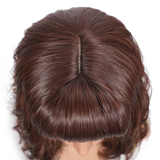 FAELBATY Short Brown Wig Highlight Gold Wigs With Bangs Women's Reddish Brown Mixed Blonde Bob Wig Curly Wavy Synthetic Cosplay Wig Shoulder Length Wig for Girl's Costume Wigs (12" 33/27)