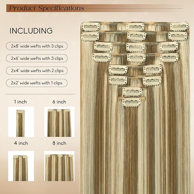 Clip in Hair Extensions Real Human Hair 18Inch 8pcs 100g Seamless Balayage Blonde Hair Extensions Clip Ins Double Weft Light Blonde Highlight Golden Blonde Invisible Straight Remy Human Hair for Women