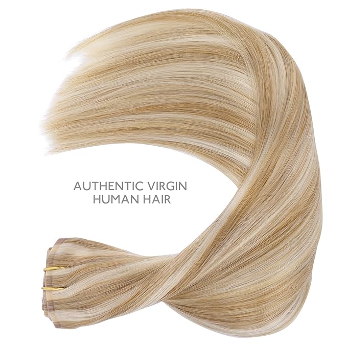 WENNALIFE Seamless Clip In Hair Extensions, 14 Inch 130g 7pcs Dirty Blonde Highlighted Bleach Blonde Hair Extensions Clip in Human Hair Invisible PU Skin Weft Natural Remy Human Hair Extensions