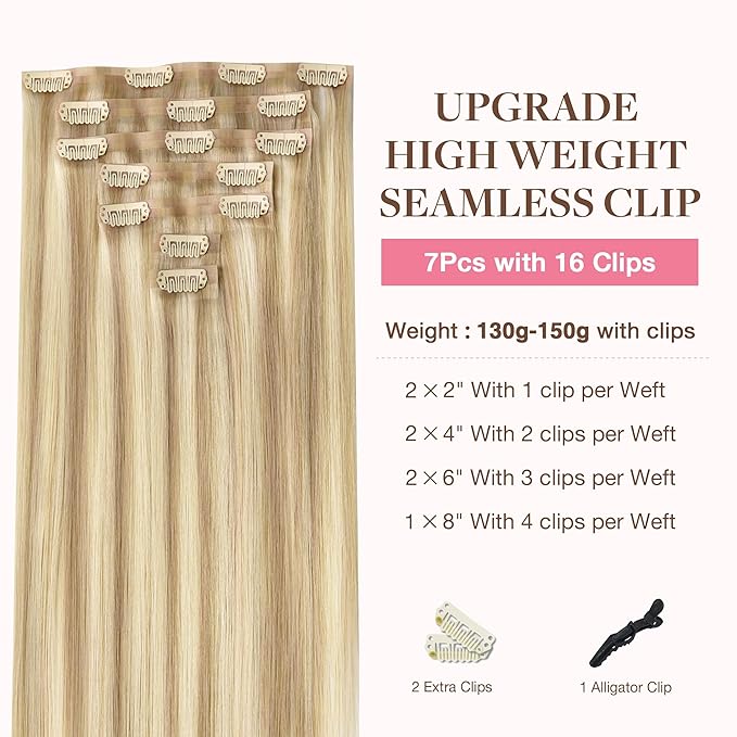 GOO GOO Clip in Hair Extensions Real Human Hair, Remy Human Hair Extensions Clip ins for Women, Natural Human Hair, 24inch 170g 7Pcs, #18A/613A Dark Blonde Highlighted Bleach Blonde