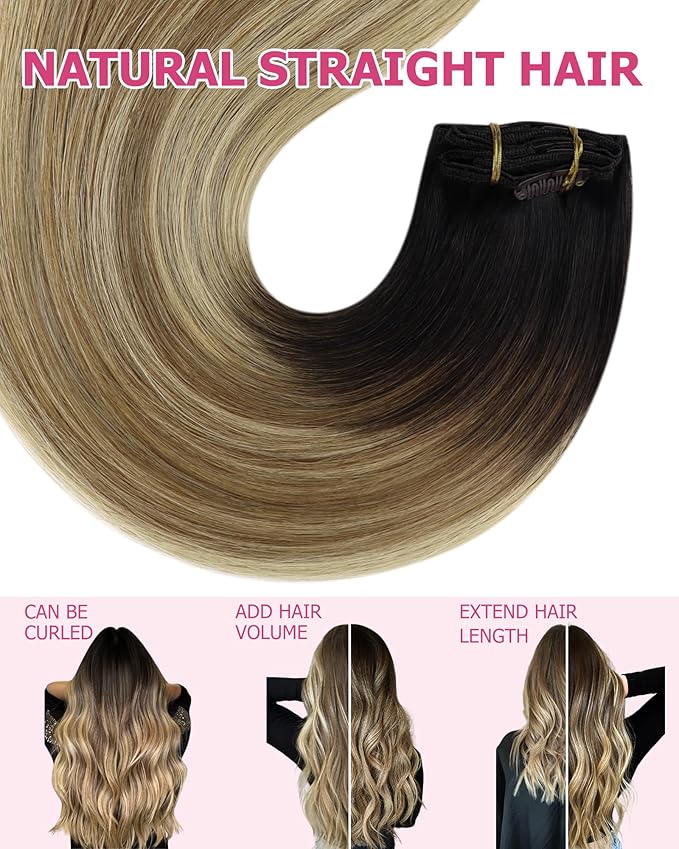YoungSee Clip in Human Hair Extensions Balayage Clip in Hair Extensions Real Human Hair Dark Brown Roots Blending into Medium Brown with Warm Blonde Highlights Hair Extension Clip ins 120G 22In 7Pcs