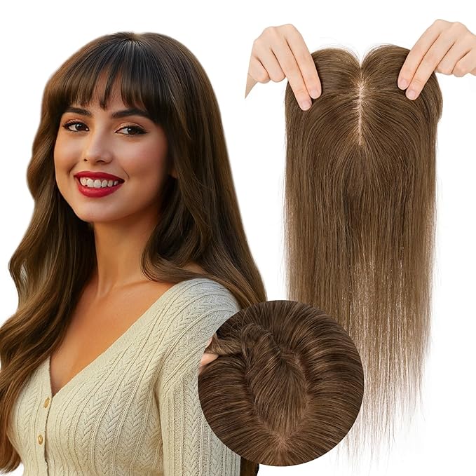 Real Human Hair Toppers for Women 3.54"*4.72" Silky Base 150% Density With Bangs Adjustable Parting Clip-In Topper Hairpieces for Women with Thinning Hair 10 Inches Medium Brown