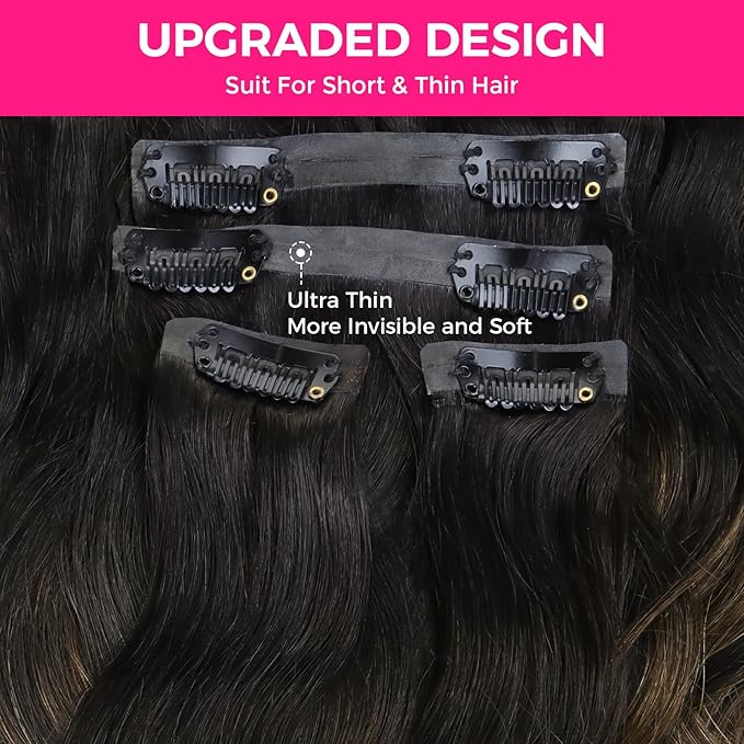 Lashey Seamless Clip in Hair Extensions Human Hair 150g 9pcs 22 Inch Body Wave Natural Black Mixed Chestnut Brown Clip in Hair Extensions for Women