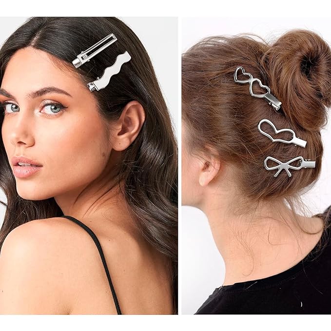 32pcs Star Heart Metal Hair Clips, 16 Styles Silver Hair Clip Alligator Barrettes, Bow Wavy Non-Slip 2000s Hair Accessories for Women Daily, Party