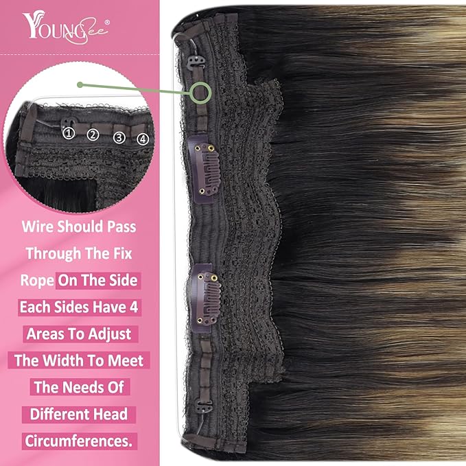 YoungSee Invisible Wire Hair Extensions Balayage Wire Human Hair Extension Dark Brown Ombre Medium Brown with Blonde Easy to Put in Headband Hair Extensions 16In 80G
