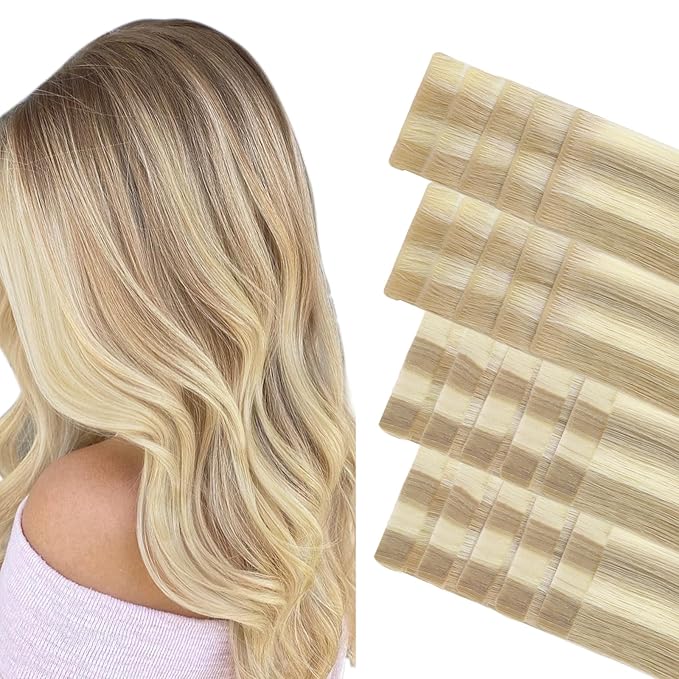 GOO GOO Invisi Edge Tape in Hair Extensions Human Hair, 18A/613A Dark Blonde Highlighted Bleach Blonde 10pcs injected with 10pcs classical tape ins, 20inch 50g, Virgin Remy Hair, Natural Look