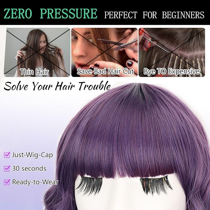 AISI HAIR Purple Synthetic Wavy Curly Bob Wig with Bangs Short Wavy Hair for Women Synthetic Heat Resistant Bob Wigs