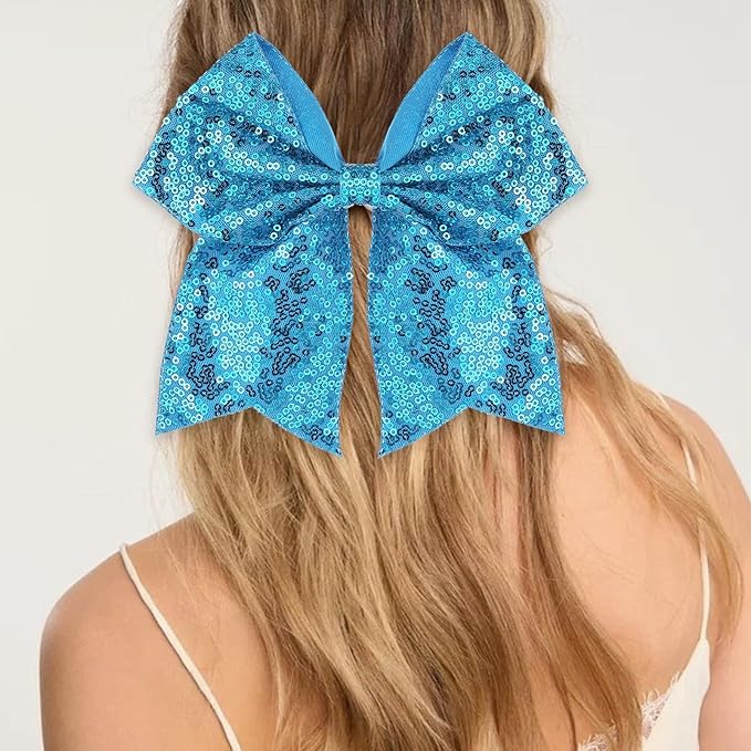 Large Big 7 Inch Glitter Bow Clip Sequin Bling Party Hair Accessories for Women Teens Girls Kids 2 Pcs (PeacockGreen, Blue)
