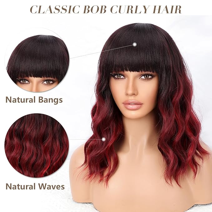 Nnzes Ombre Red Wig with Bangs for Women Bob Wavy Synthetic Wigs with Natural Shoulder Length Curly Heat Resistant Hair for Daily Party Use
