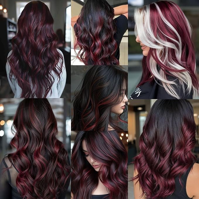 16 Pcs Burgundy Hair Extensions Curly Wavy Clip in Synthetic Hair Extensions,Colored Party Highlights Hairpiece Streak for Girls Women Kids Christmas Cosplay Party Gift(Wine Red)